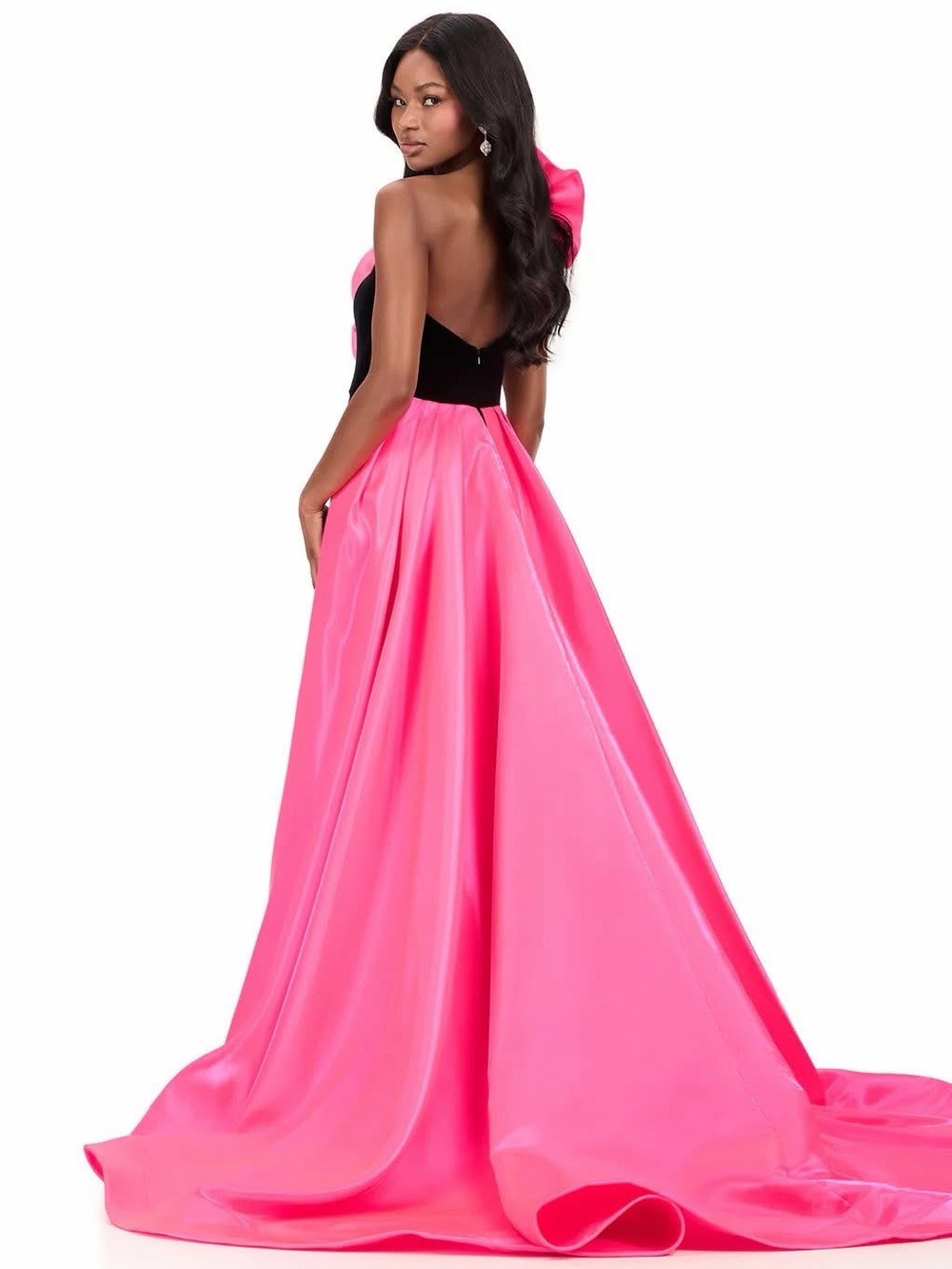 Black and Hot Pink One-Shoulder Evening Gown with Floral Accent - Picture 2 of 4
